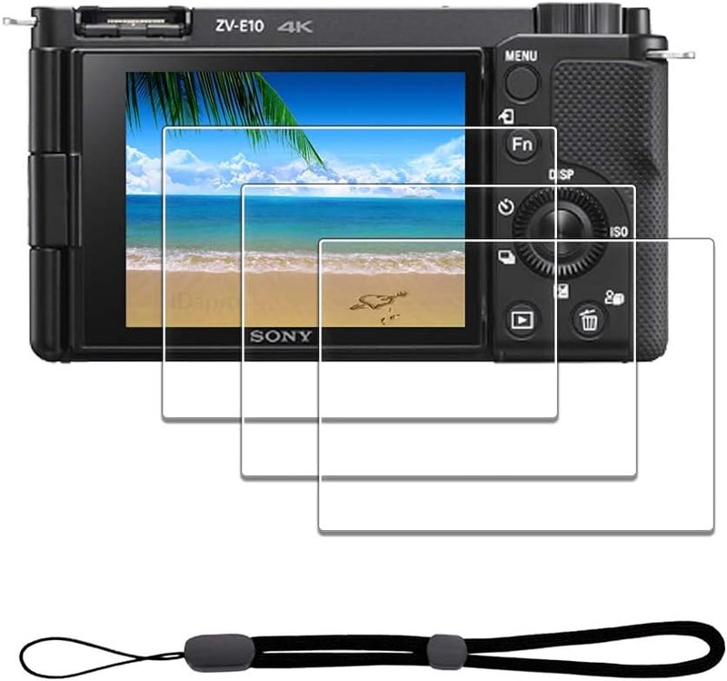 iDaPro Screen Protector for Sony Alpha ZV-E10 ZVE10 & Hand Lanyard [3+1 Pack] Tempered Glass Easy Installation - Image 1